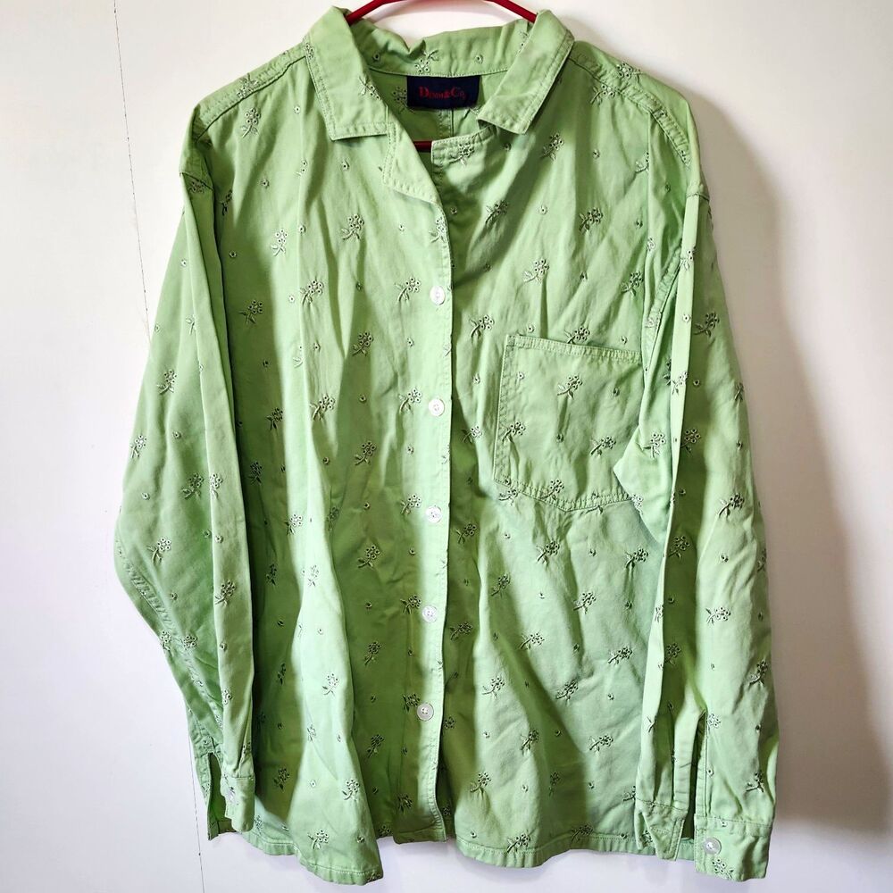Denim & Co Womens XL 1X Sage Green Embroidered Floral Button Up Shirt Pocket
